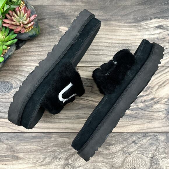 UGG Laton Fur Platform Slide Sandals Black Sheepskin 8 39 - Picture 9 of 12